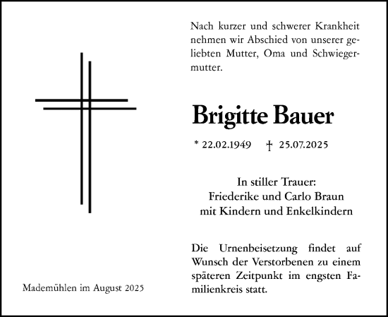 Traueranzeige von Brigitte Bauer von Dill Block