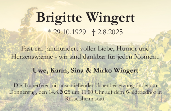 Traueranzeige von Brigitte Wingert von Rüsselsheimer Echo