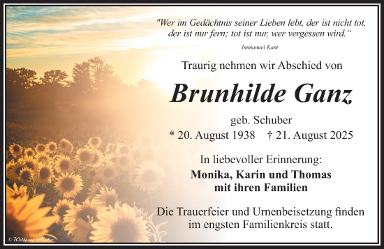 Traueranzeige von Brunhilde Ganz von Camberger Anzeiger