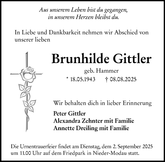 Traueranzeige von Brunhilde Gittler von Darmstädter Echo