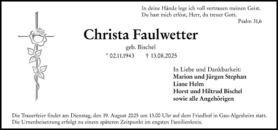 Traueranzeige von Christa Faulwetter von Allgemeine Zeitung Rheinhessen-Nahe