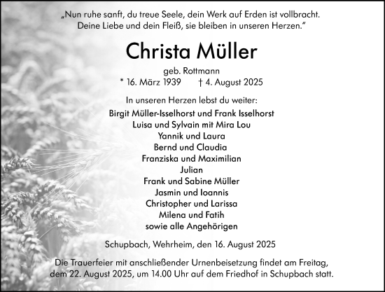 Traueranzeige von Christa Müller von Weilburger Tageblatt