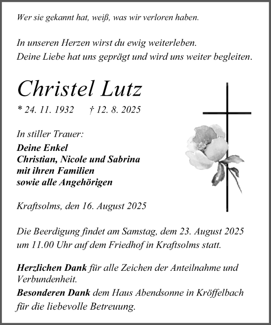Traueranzeige von Christel Lutz von Wetzlarer Neue Zeitung