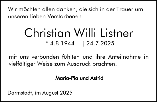 Traueranzeige von Christian Willi Listner von Darmstädter Echo