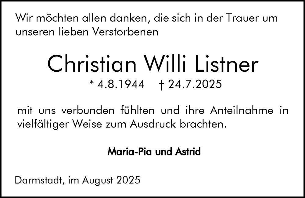  Traueranzeige für Christian Willi Listner vom 09.08.2025 aus Darmstädter Echo