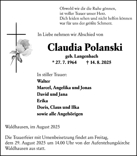 Traueranzeige von Claudia Polanski von Weilburger Tageblatt