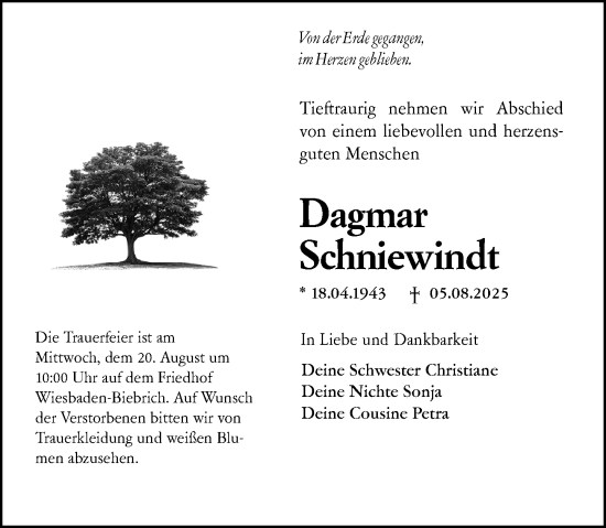 Traueranzeige von Dagmar Schniewindt von Wiesbadener Kurier