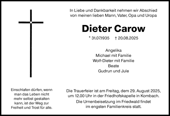 Traueranzeige von Dieter Carow von Hinterländer Anzeiger