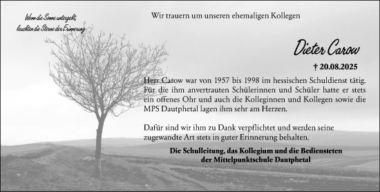 Traueranzeige von Dieter Carow von Hinterländer Anzeiger