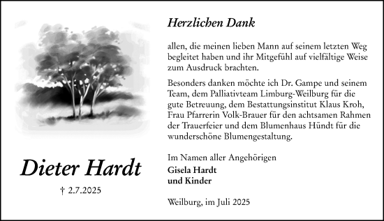 Traueranzeige von Dieter Hardt von Weilburger Tageblatt