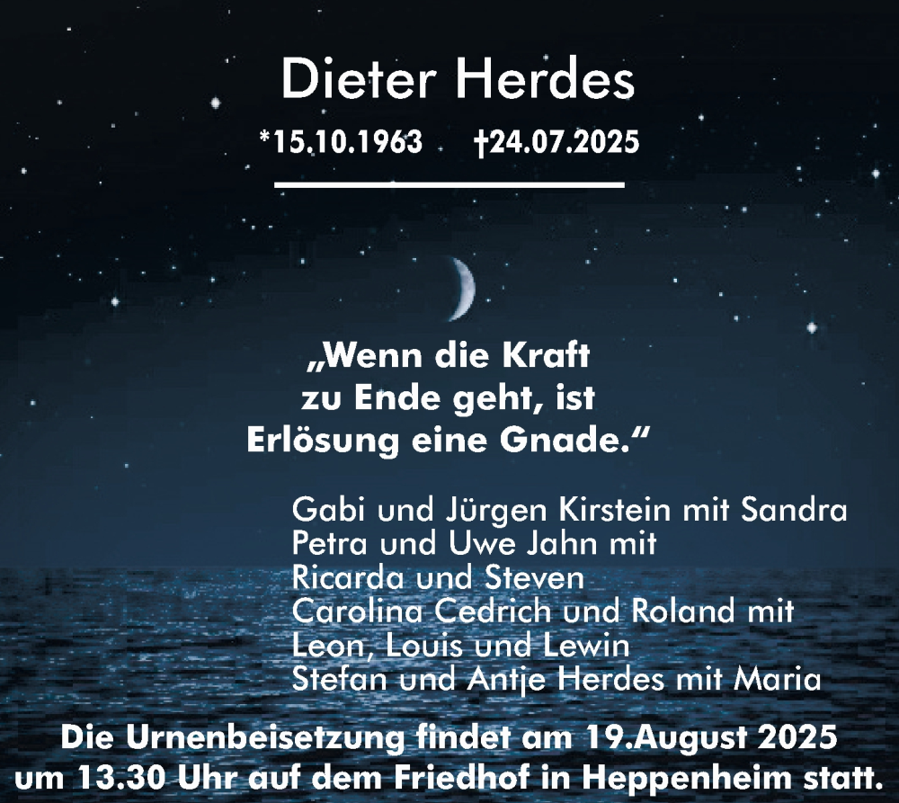  Traueranzeige für Dieter Herdes vom 16.08.2025 aus Starkenburger Echo