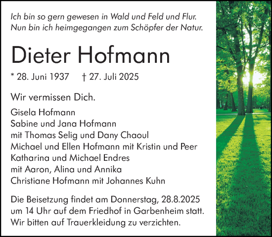 Traueranzeige von Dieter Hofmann von Wetzlarer Neue Zeitung