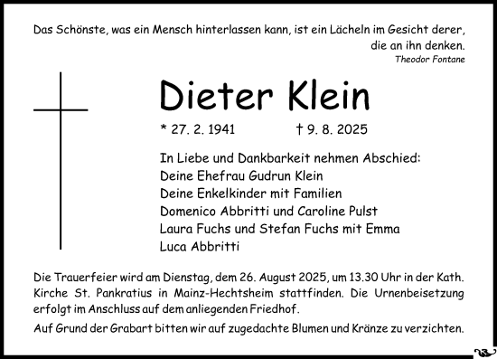 Traueranzeige von Dieter Klein von Allgemeine Zeitung Mainz