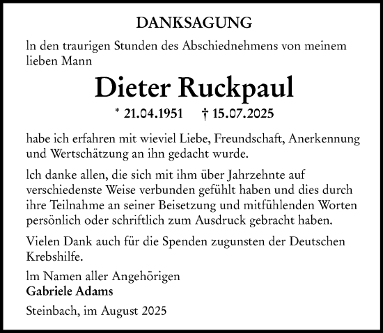 Traueranzeige von Dieter Ruckpaul von Wormser Zeitung