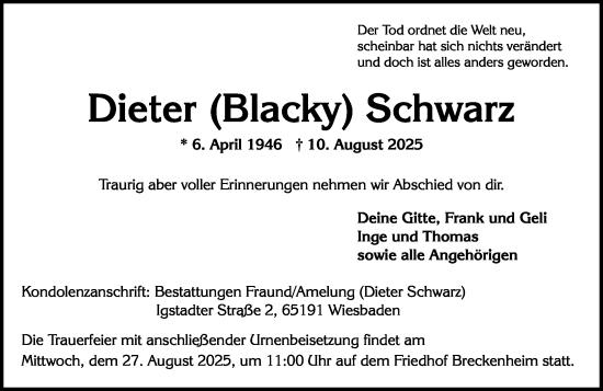 Traueranzeige von Dieter Schwarz von Wiesbadener Kurier