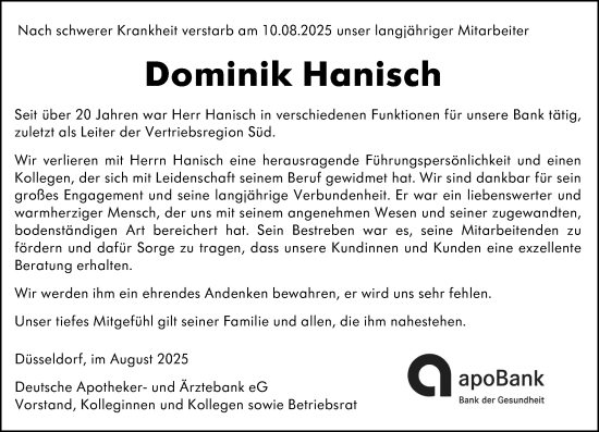 Traueranzeige von Dominik Hanisch von Odenwälder Echo