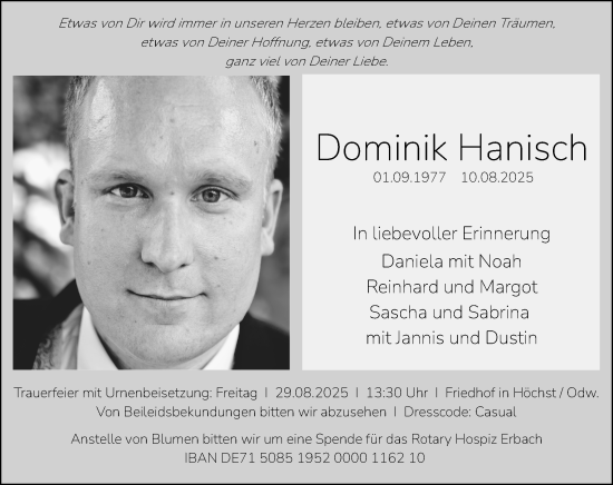 Traueranzeige von Dominik Hanisch von Odenwälder Echo