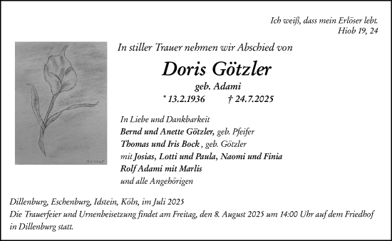 Traueranzeige von Doris Götzler von Dill Block