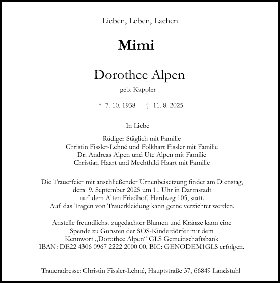 Traueranzeige von Dorothee Alpen von Darmstädter Echo