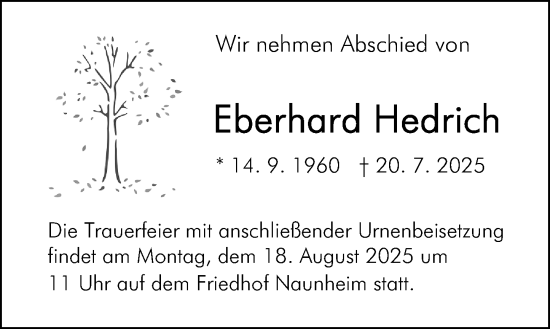 Traueranzeige von Eberhard Hedrich von Wetzlarer Neue Zeitung