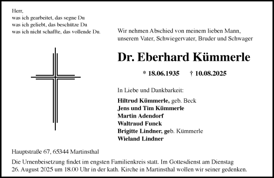 Traueranzeige von Eberhard Kümmerle von Wiesbadener Kurier