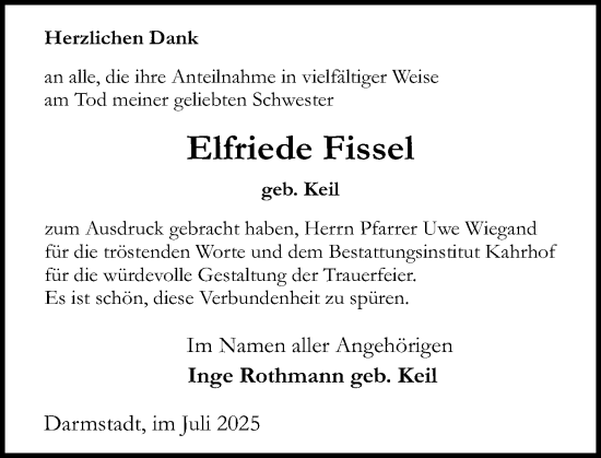 Traueranzeige von Elfriede Fissel von Darmstädter Echo