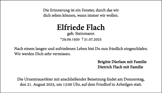Traueranzeige von Elfriede Flach von Darmstädter Echo