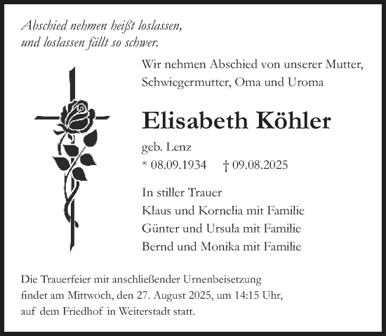 Traueranzeige von Elisabeth Köhler von Darmstädter Echo