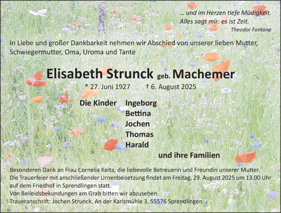 Traueranzeige von Elisabeth Strunck von Allgemeine Zeitung Rheinhessen-Nahe