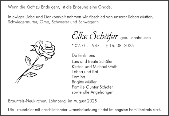 Traueranzeige von Elke Schäfer von Wetzlarer Neue Zeitung