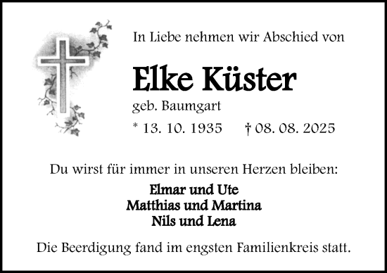 Traueranzeige von Ellkke KKüsster von Dill Block