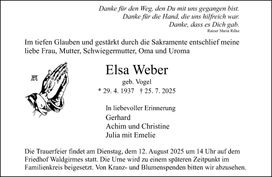 Traueranzeige von Elsa Weber von Wetzlarer Neue Zeitung
