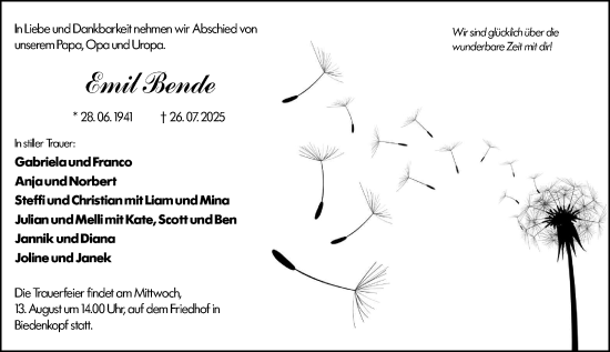 Traueranzeige von Emil Bende von Hinterländer Anzeiger