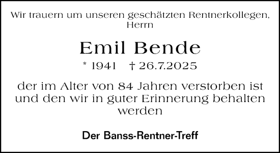 Traueranzeige von Emil Bende von Hinterländer Anzeiger