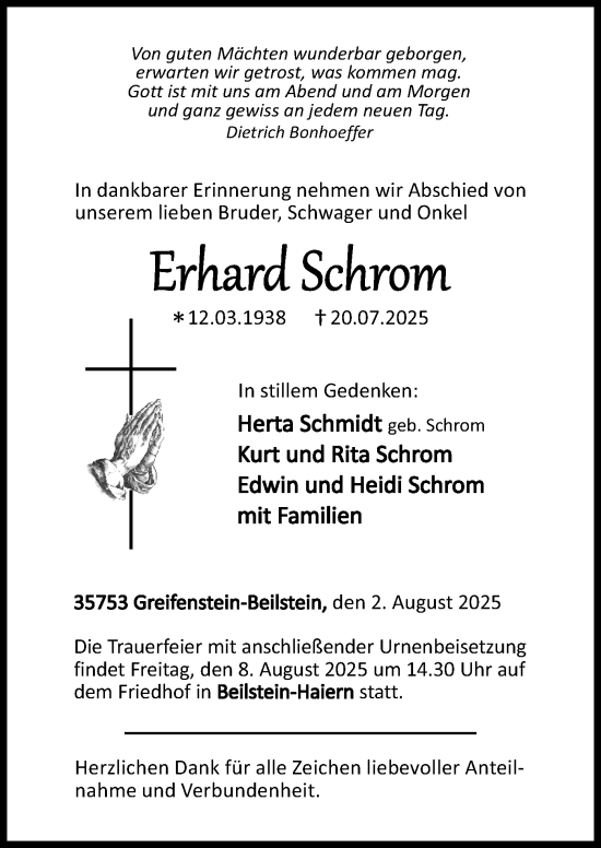 Traueranzeige von Erhard Schrom von Dill Block