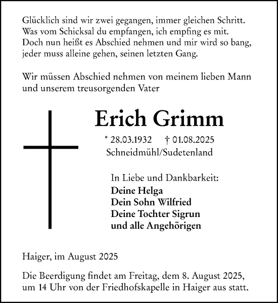 Traueranzeige von Erich Grimm von Dill Block
