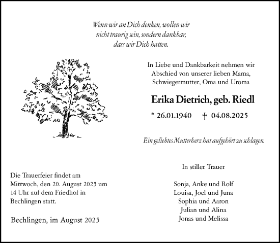 Traueranzeige von Erika Dietrich von Wetzlarer Neue Zeitung