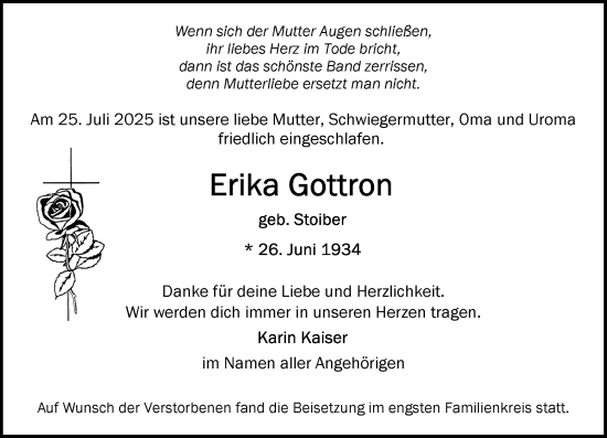 Traueranzeige von Erika Gottron von Allgemeine Zeitung Mainz