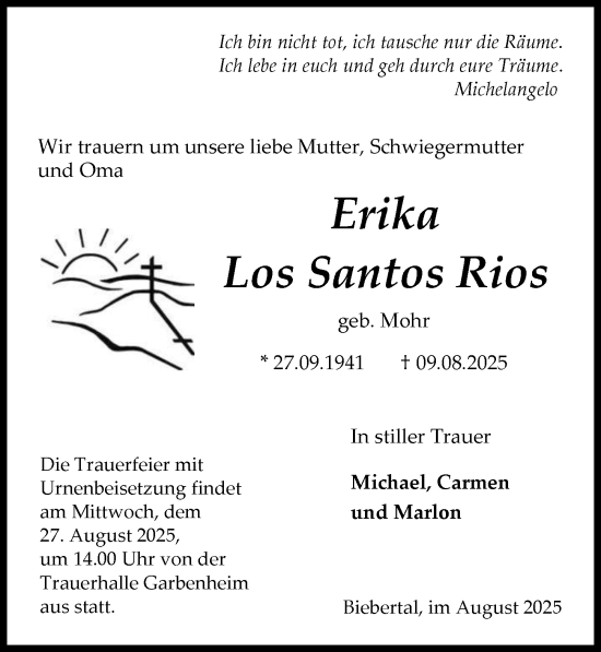 Traueranzeige von Erika Los Santos Rios von Wetzlarer Neue Zeitung