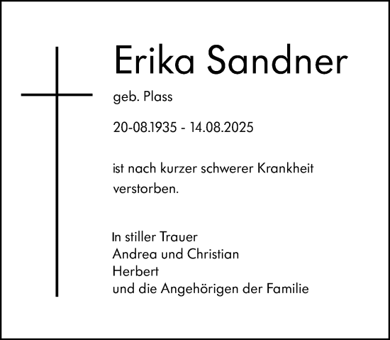 Traueranzeige von Erika Sandner von Rüsselsheimer Echo