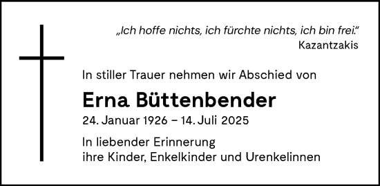 Traueranzeige von Erna Büttenbender von Darmstädter Echo