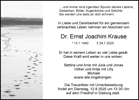 Traueranzeige von Ernst Joachim Krause von Dieburger Anzeiger/Groß-Zimmerner Lokal-Anzeiger