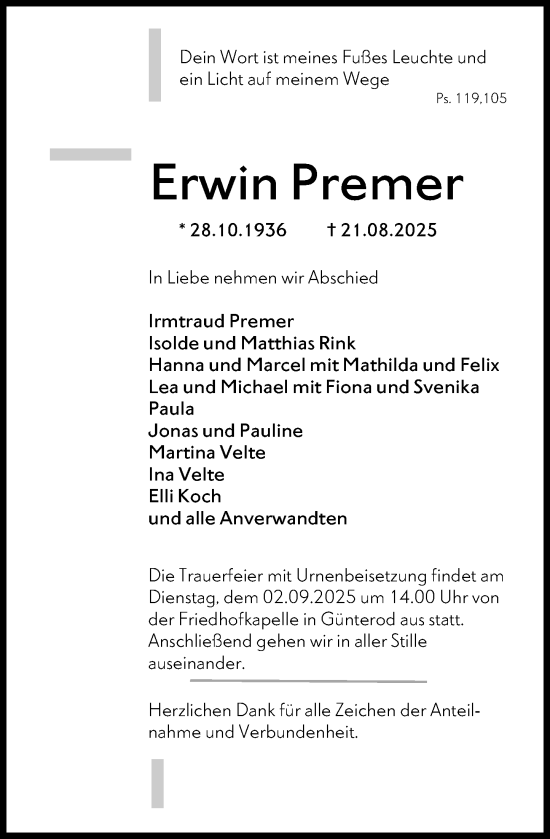 Traueranzeige von Erwin Premer von Hinterländer Anzeiger