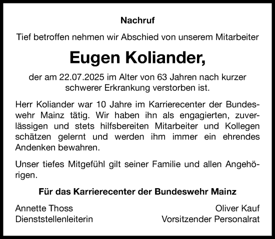 Traueranzeige von Eugen Koliander von Hochheimer Zeitung