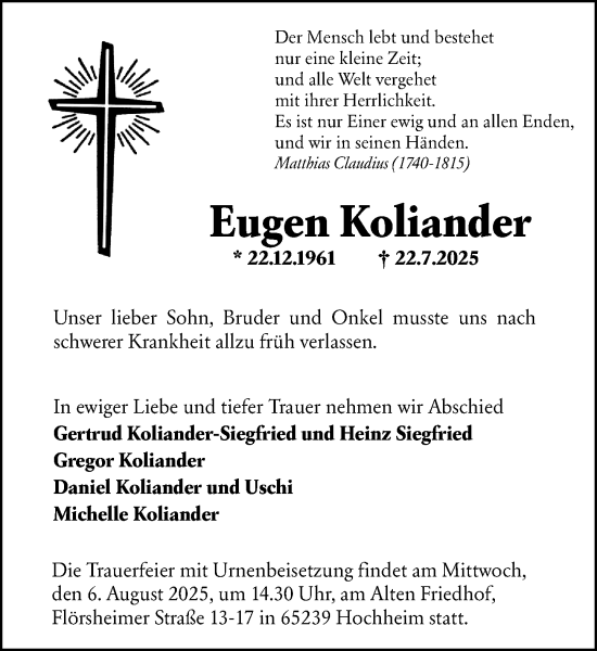 Traueranzeige von Eugen Koliander von Hochheimer Zeitung