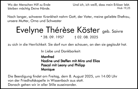 Traueranzeige von Evelyne Therese Köster von Dill Block