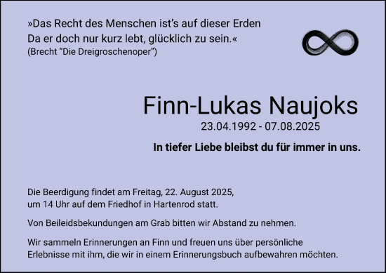 Traueranzeige von Finn-Lukas Naujoks von Hinterländer Anzeiger