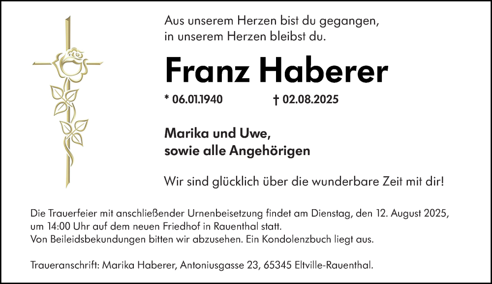  Traueranzeige für Franz Haberer vom 09.08.2025 aus Wiesbadener Kurier