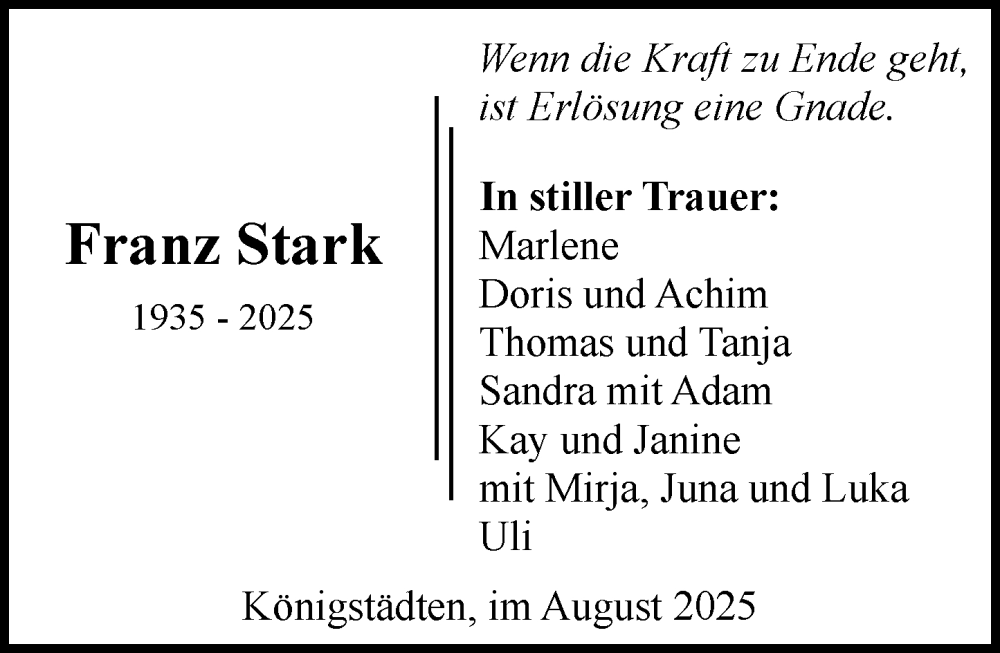  Traueranzeige für Franz Stark vom 09.08.2025 aus Rüsselsheimer Echo