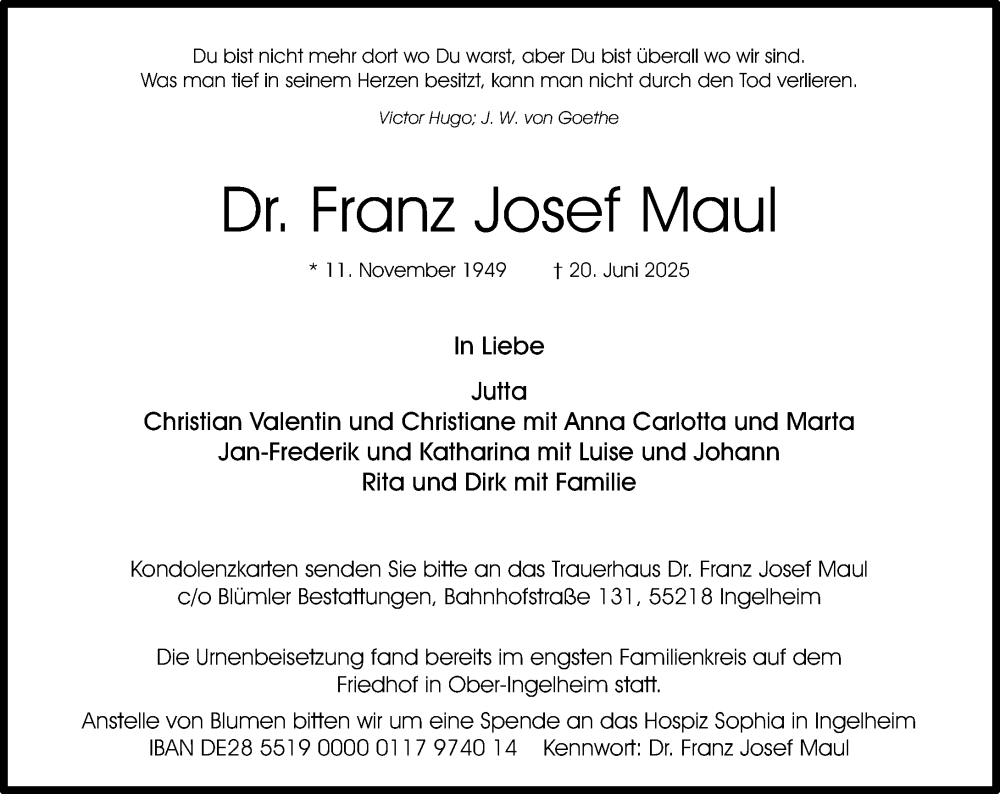  Traueranzeige für Franz Josef Maul vom 16.08.2025 aus Allgemeine Zeitung Rheinhessen-Nahe
